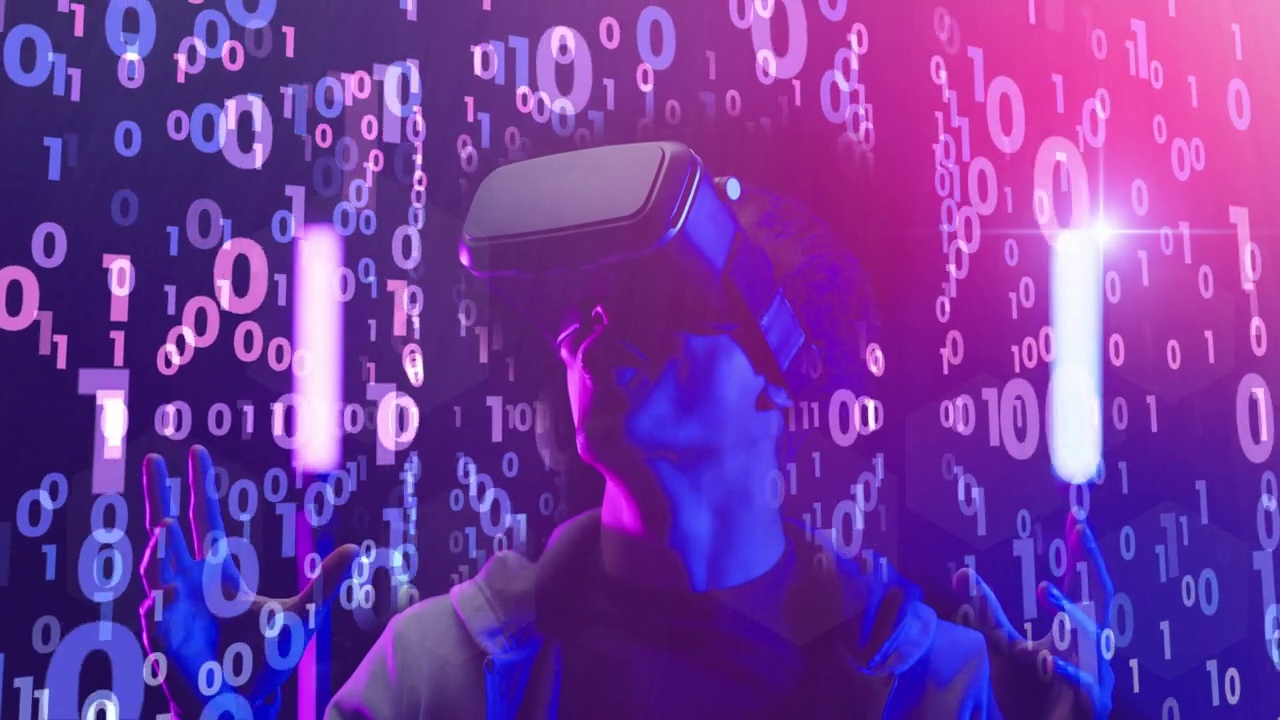 少年男性玩VR虚拟现实MR混合现实元宇宙游戏戴着VR眼镜观看虚拟空间未来抽象数字技术背景视频素材