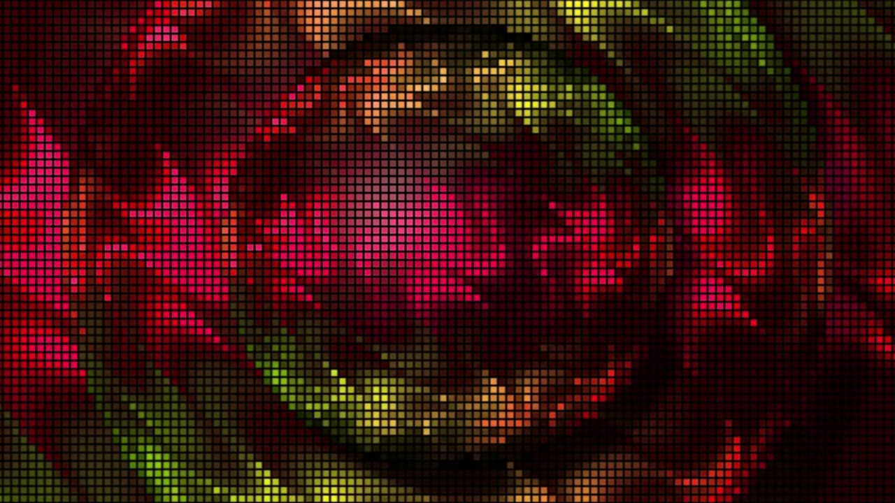 在抽象背景。运动。一个由小方块和圆圈组成的球闪烁着绿色和红色的霓虹灯视频素材