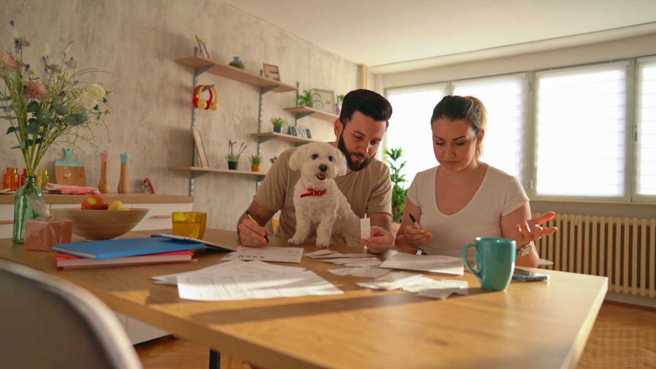 一对夫妇带着他们的狗在家查看他们的财务状况视频下载