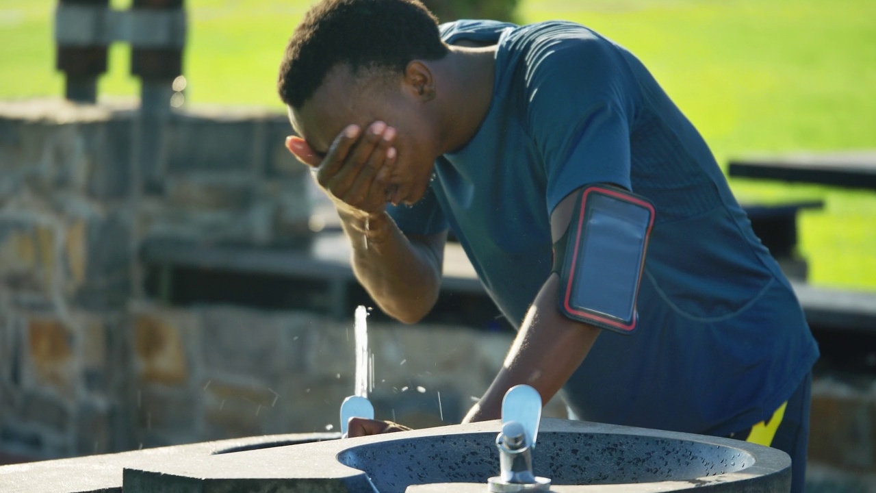 带臂章的男性跑步者在公园的喷泉喝水视频素材