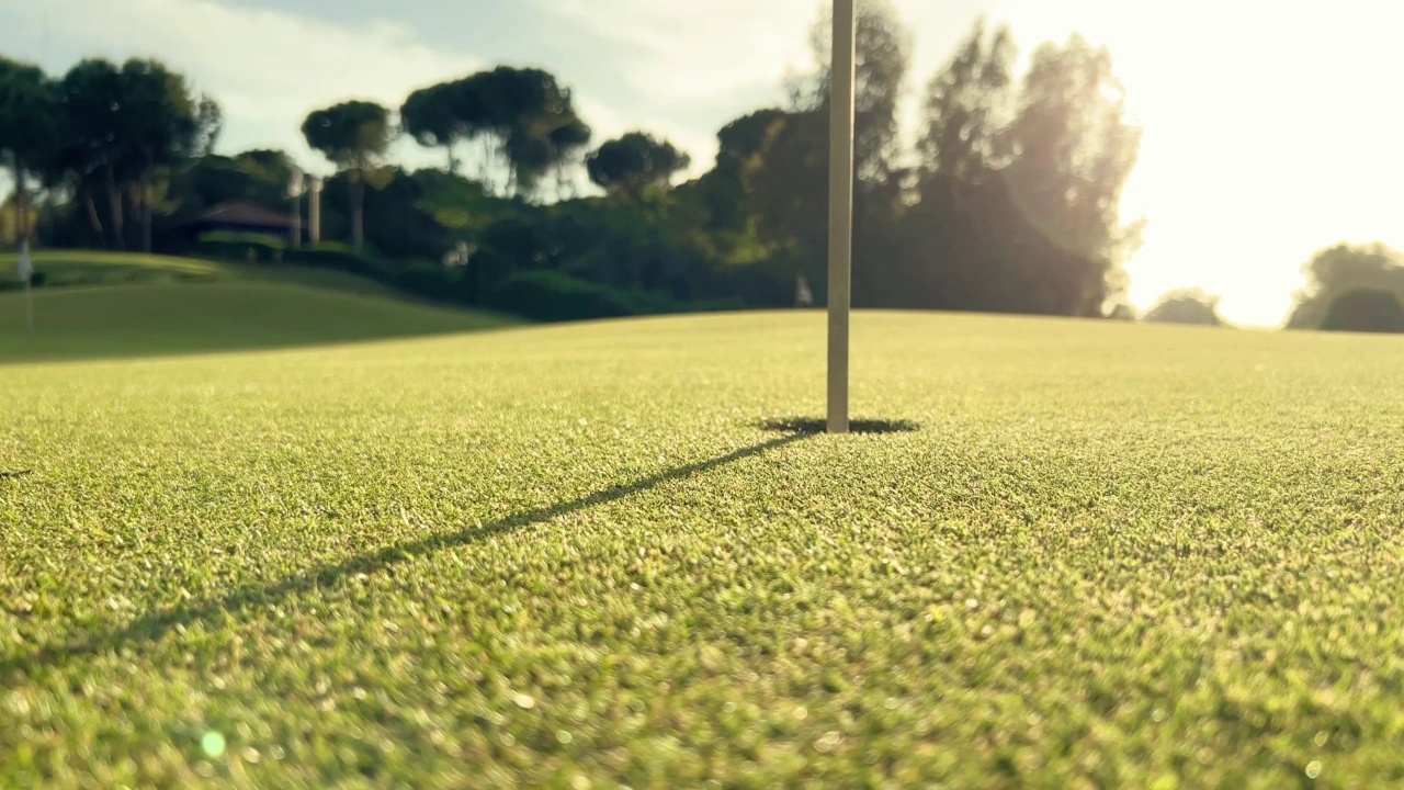 高尔夫球在高尔夫球场的绿草地上滚入洞中视频素材