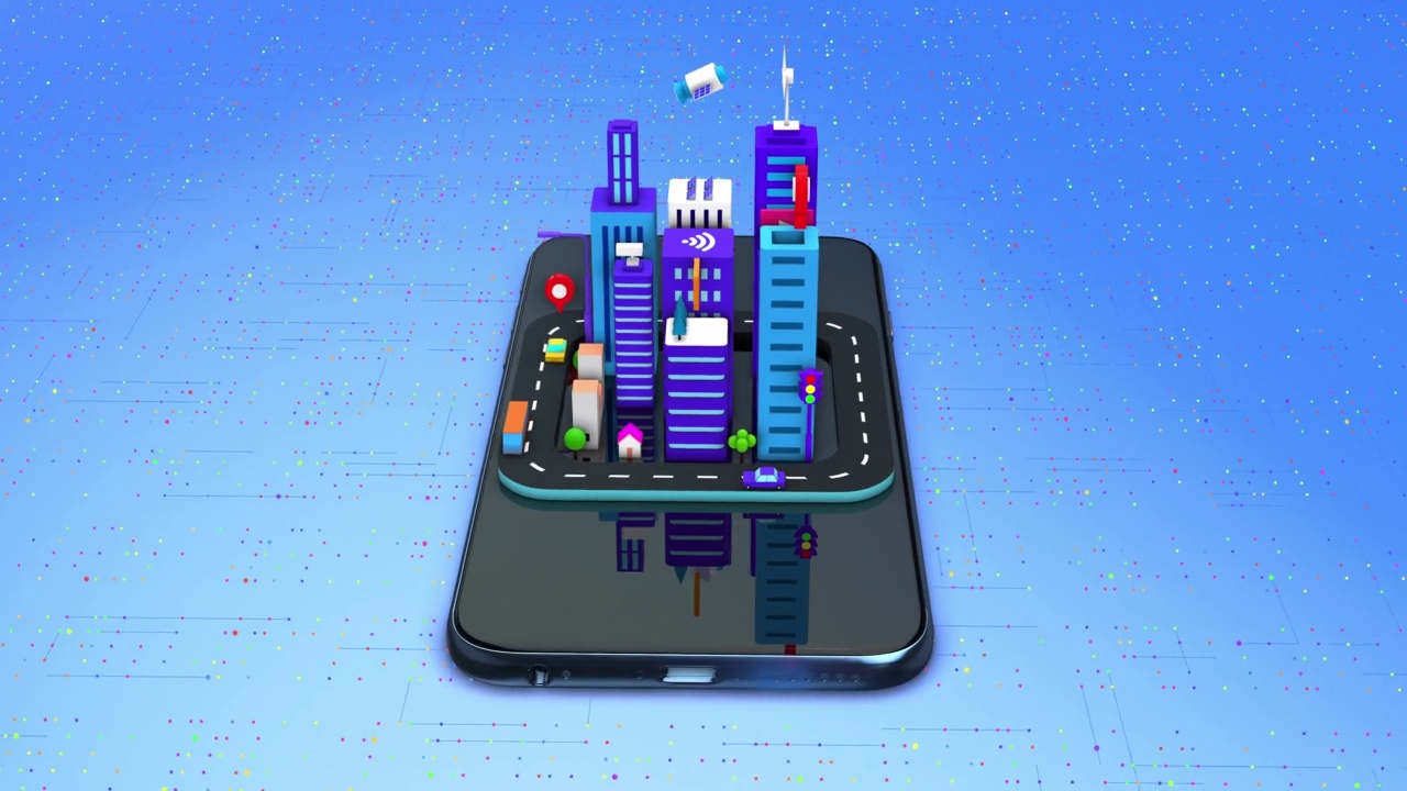 智能手机上的智慧城市生活。等距的概念。摩天大楼。视频素材