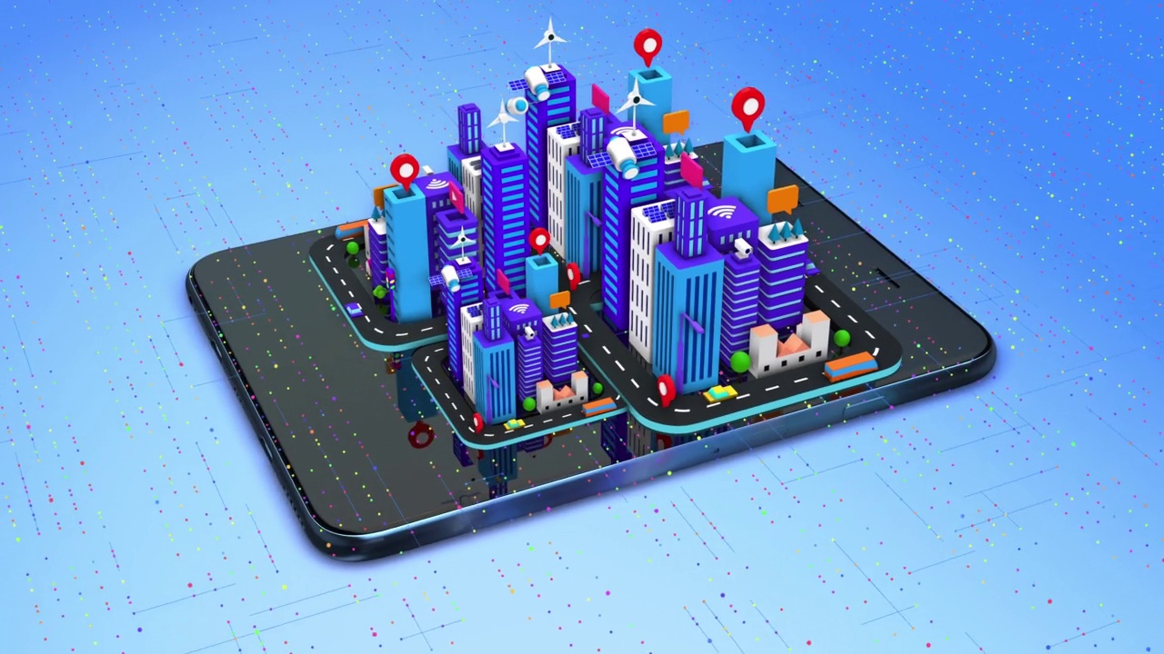 卡通立体立体智慧城市概念。智能平板电脑的未来生活。视频素材