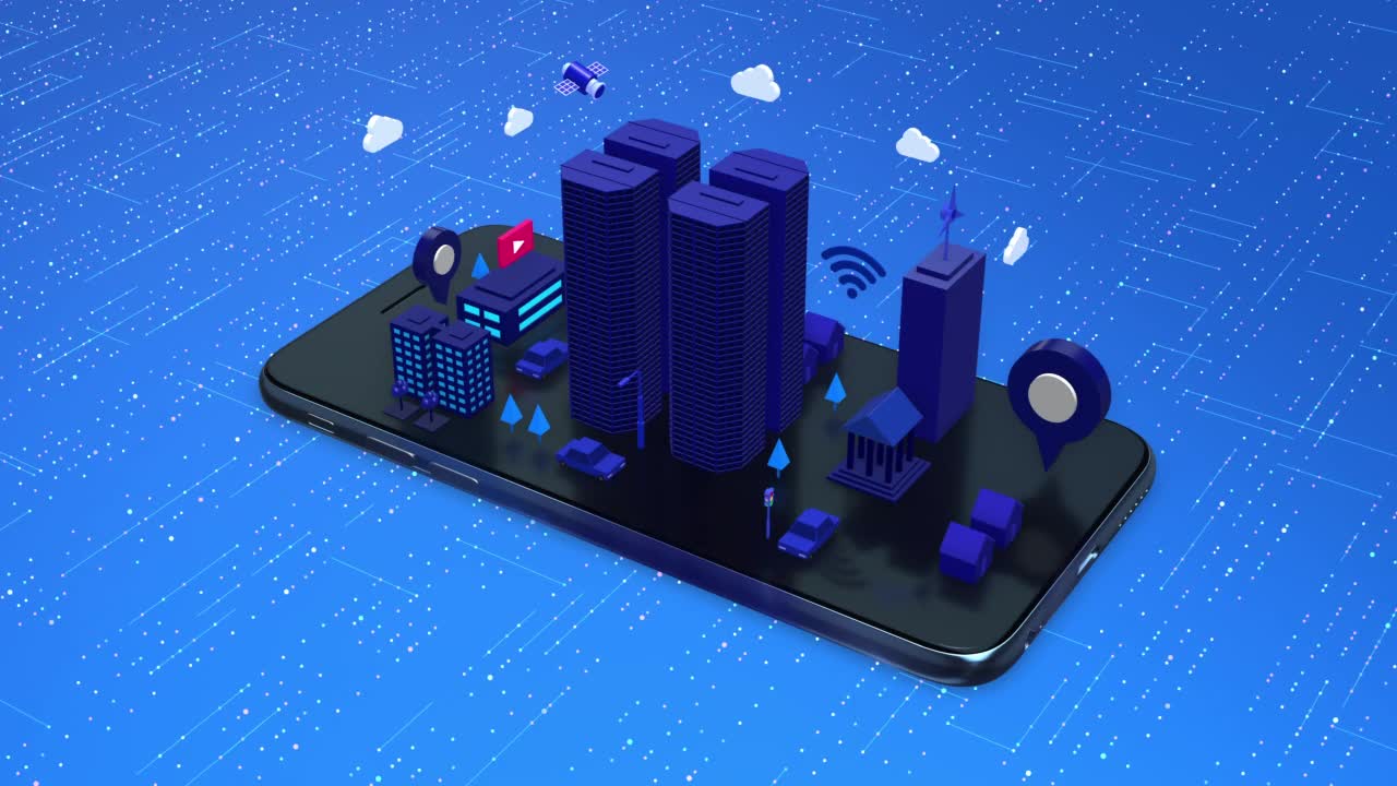智能手机上的立体3D城市动画。未来智能城市。循环。视频素材