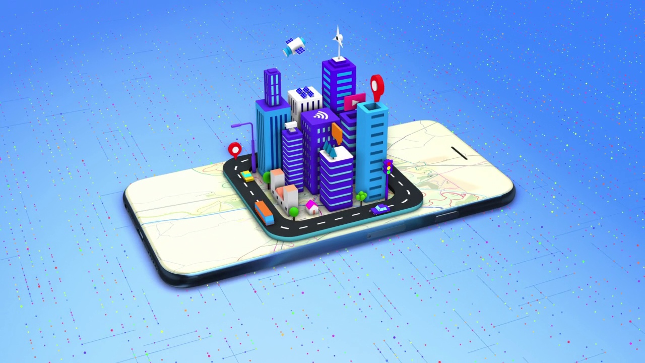 智能手机上的等距3D未来智能城市。人工智能。视频素材