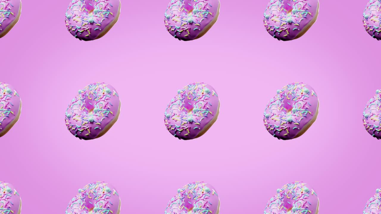 许多新鲜的甜甜圈旋转特写上方的粉红色明亮的背景。与悬浮甜点，广告镜头，复制空间的无缝模式视频下载