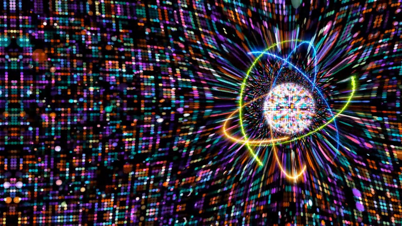 六边形动画抽象红橙黄紫水蓝小光点光粒子球图案波形振荡，可视化波技术数字表面背景视频下载