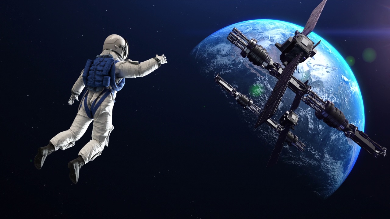 工程师宇航员在空间站周围进行太空行走。维护任务。视频素材