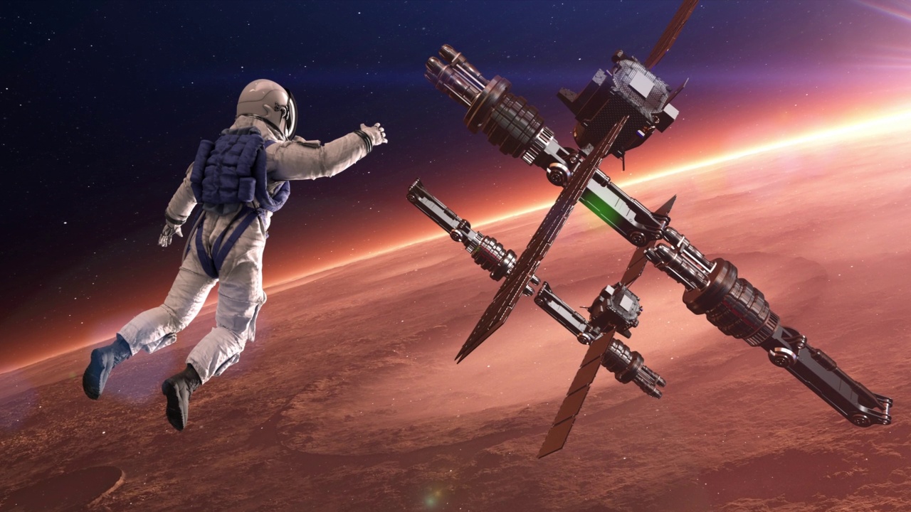 火星太空任务。勇敢的宇航员太空行走。视频素材