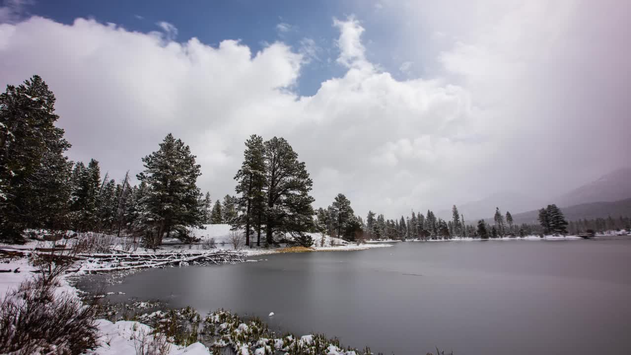 时间流逝-冬天科罗拉多州落基山国家公园的湖景视频素材