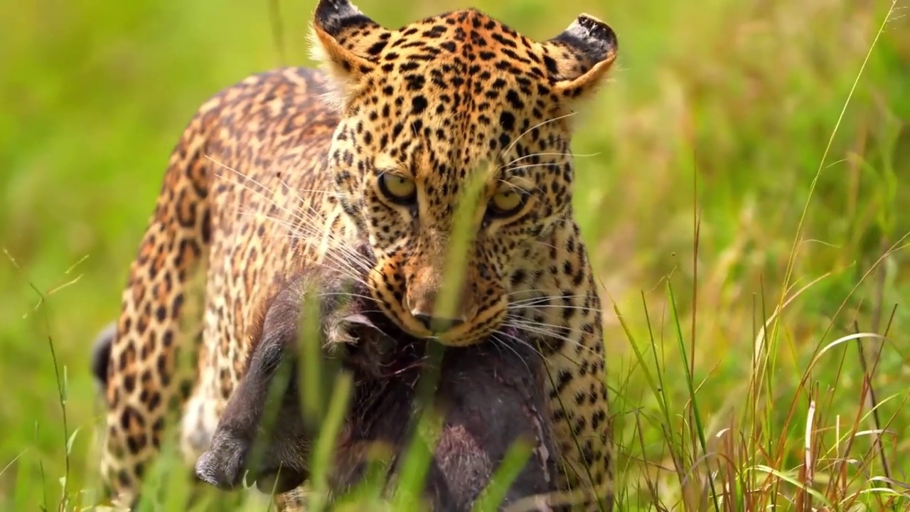 野生非洲豹在森林中行走的慢动作镜头。非洲豹在森林中行走的特写镜头视频素材