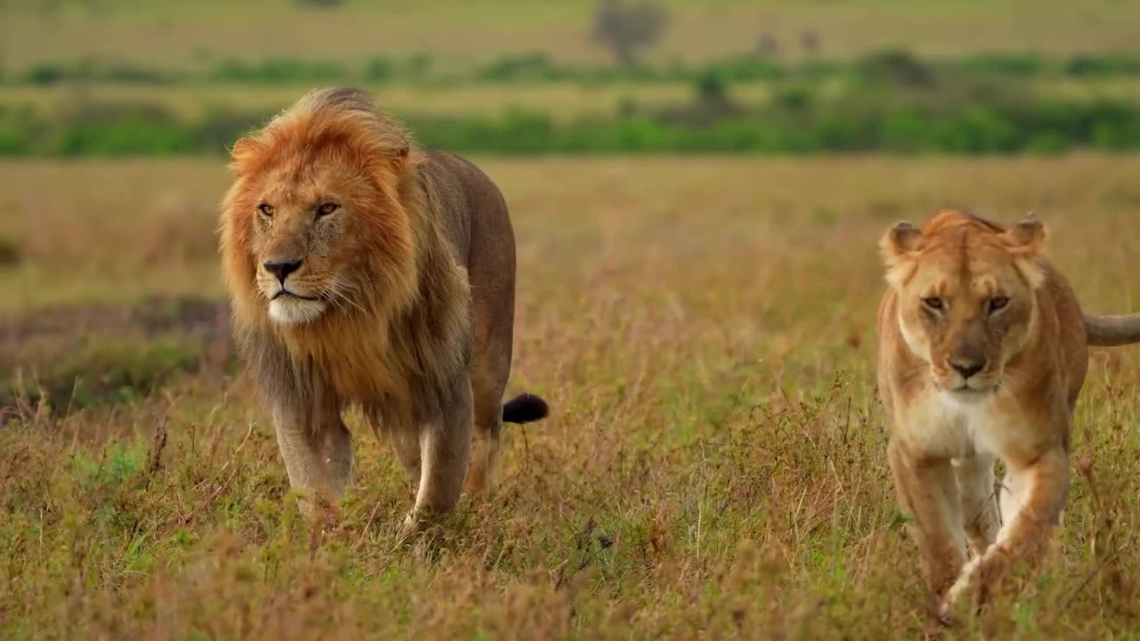 野生非洲狮和母狮在森林中行走的慢动作镜头。非洲狮和母狮在森林中漫步视频素材