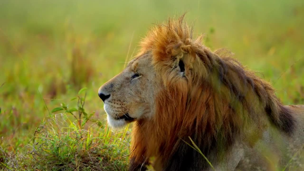 一只野生非洲狮在森林草地上休息的特写镜头。雄性非洲狮在森林草地上休息的特写视频素材