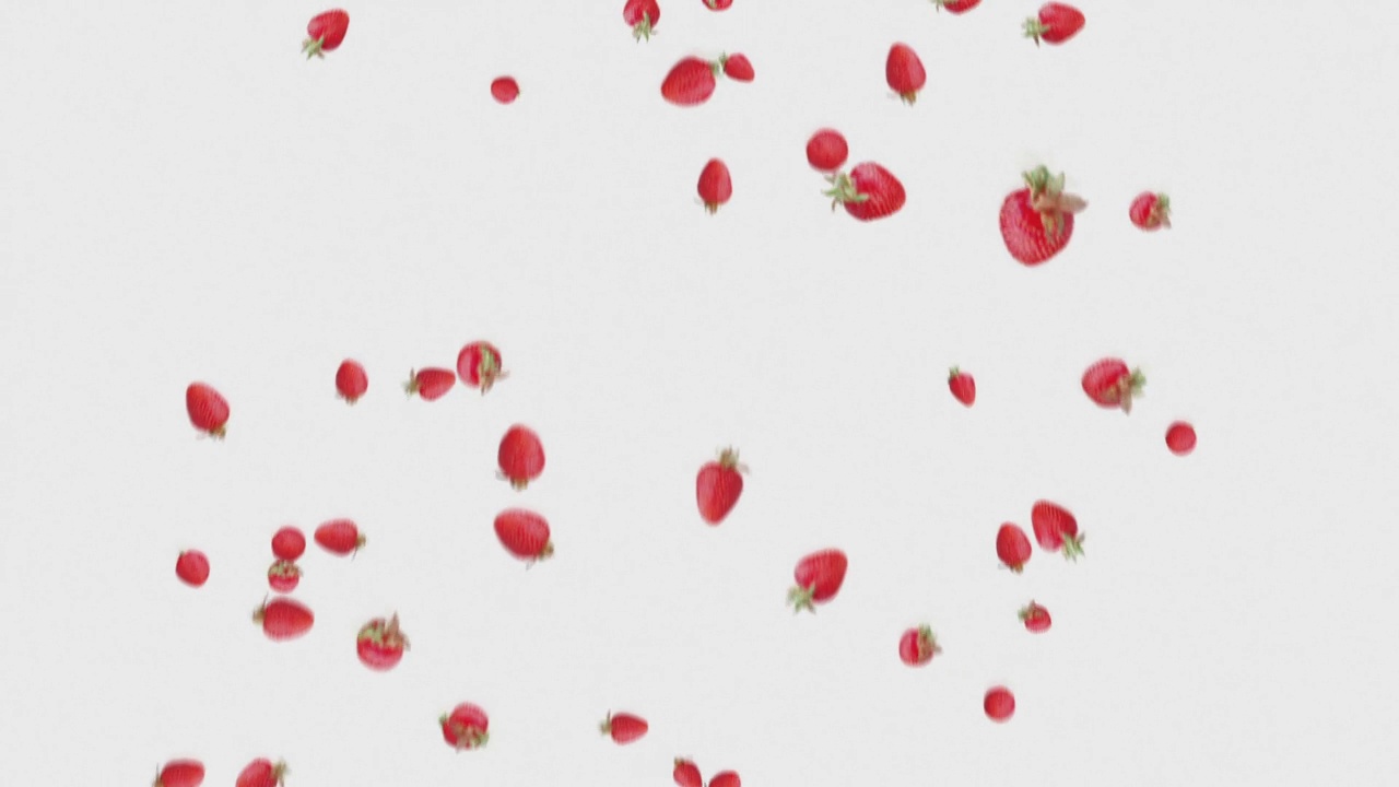 一场浇在白色背景上新鲜草莓的雨视频素材