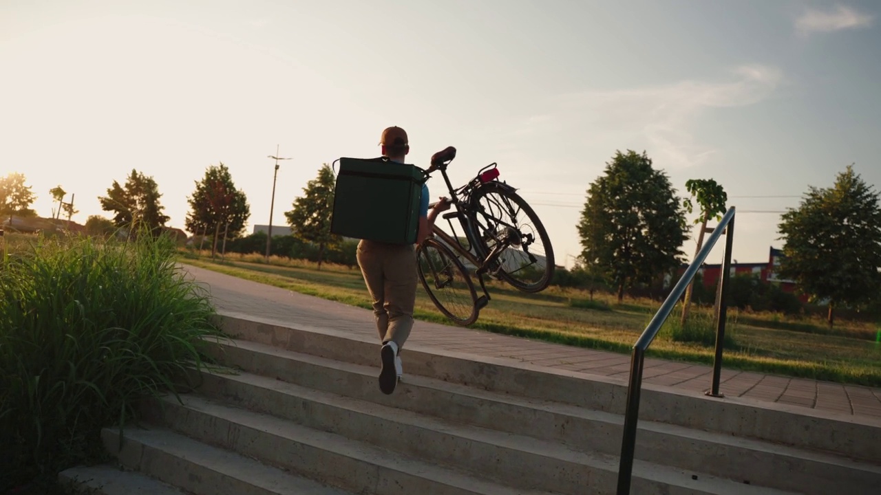 男快递员在日落时骑自行车视频素材