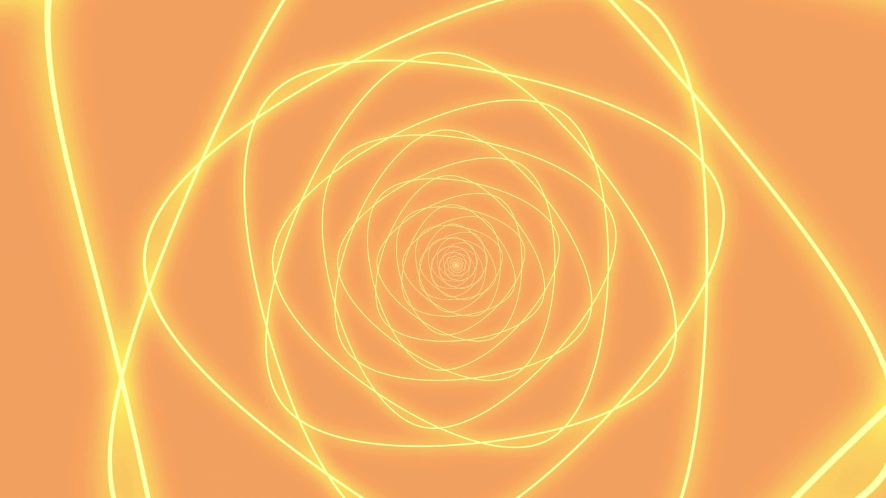 可循环抽象数字霓虹灯隧道背景。4K未来主义闪闪发光的动画模式，向前移动与橙色和黄色的颜色。技术和网络理念与拷贝空间。视频素材