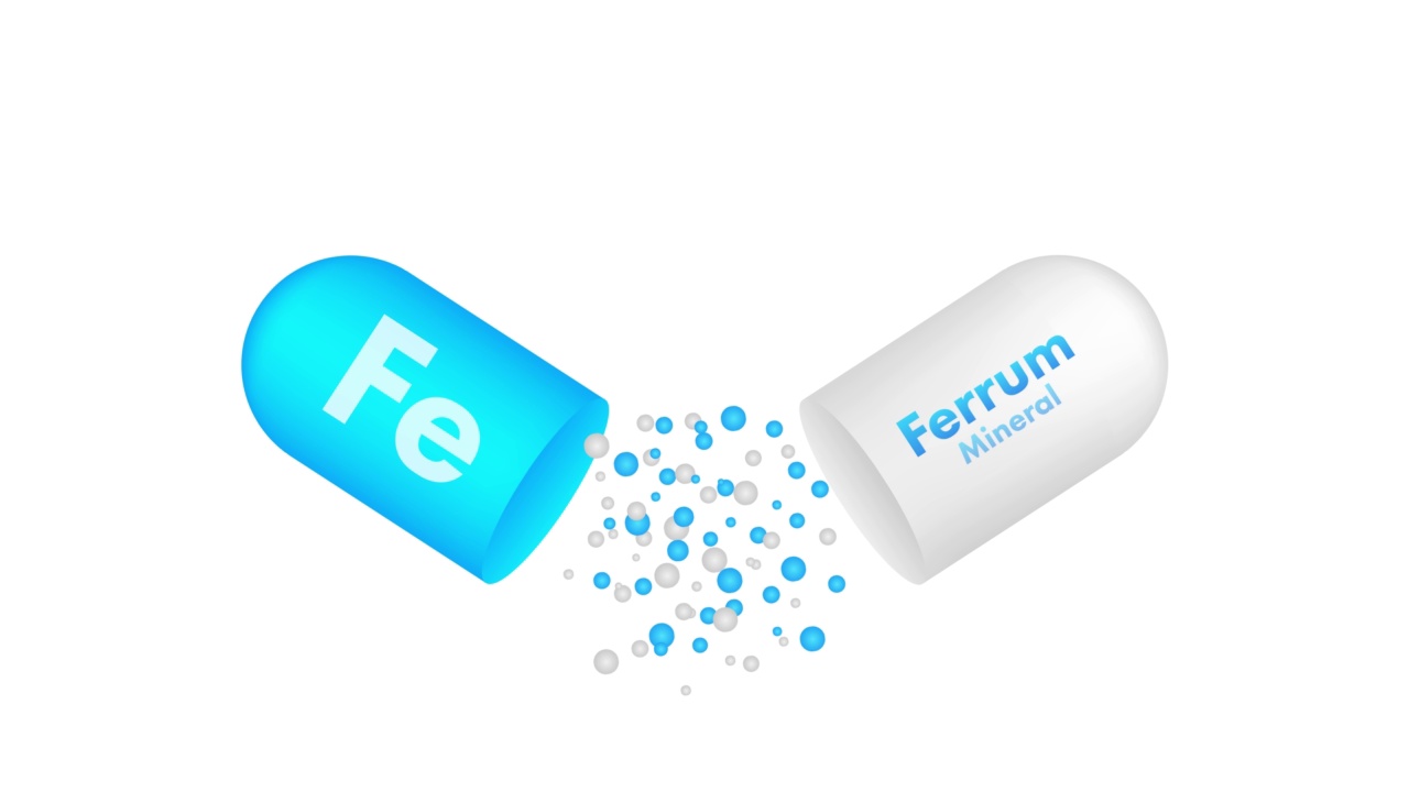 矿物铁Ferum蓝色发光药丸胶囊图标。运动图形。4 k视频下载