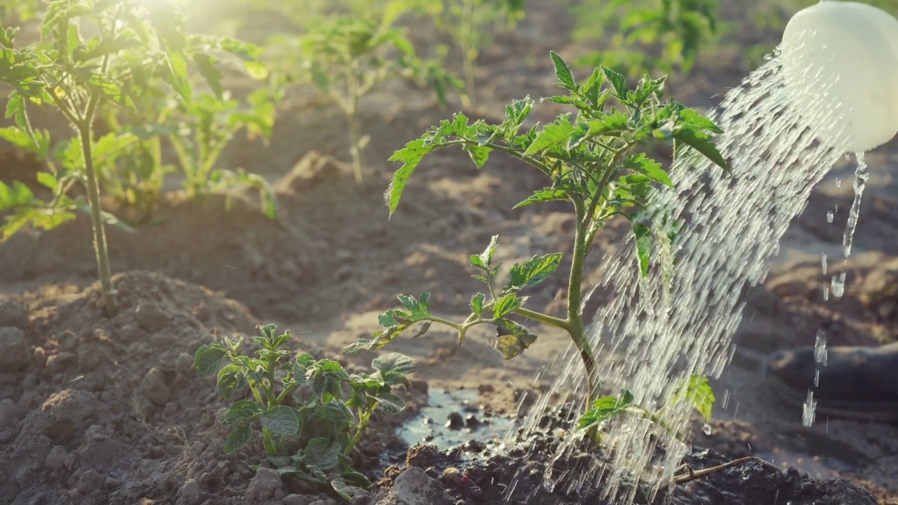 给农场的植物浇水。番茄生长。有机农业视频下载