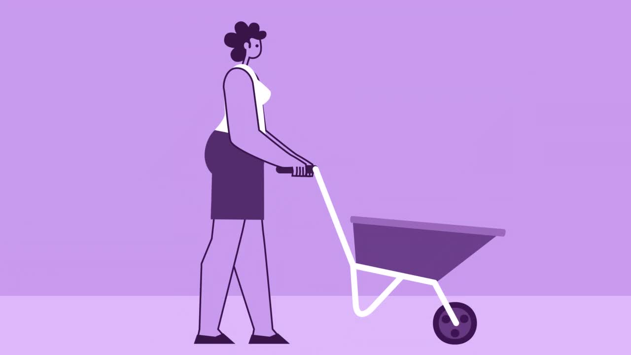 紫色风格的女人平推手推车。孤立的循环动画视频下载