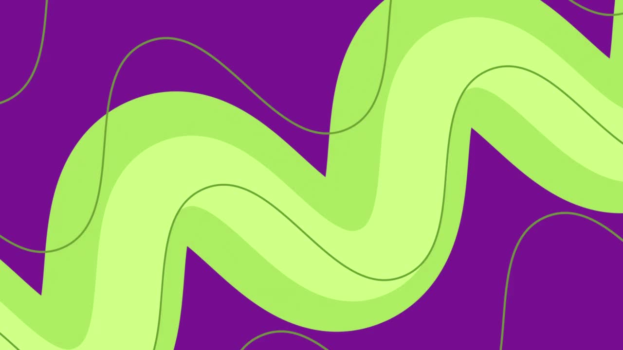 抽象的颜色背景与移动弯曲的霓虹绿线的不同大小的紫色背景视频下载