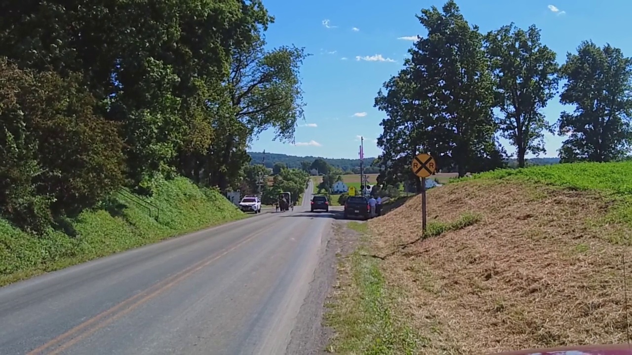 在一个阳光明媚的日子里，阿米什马和马车在乡村小路上小跑经过汽车视频素材