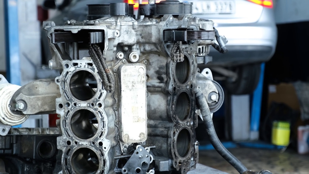 汽车技师拧紧汽车发动机的一部分视频素材