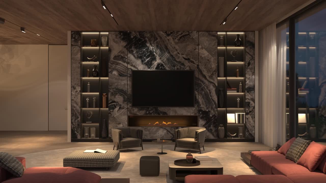 4K 3d渲染插画视频。现代奢华的室内设计客厅，设有壁炉，夜间照明和木制天花板。模拟书籍，电视。视频下载