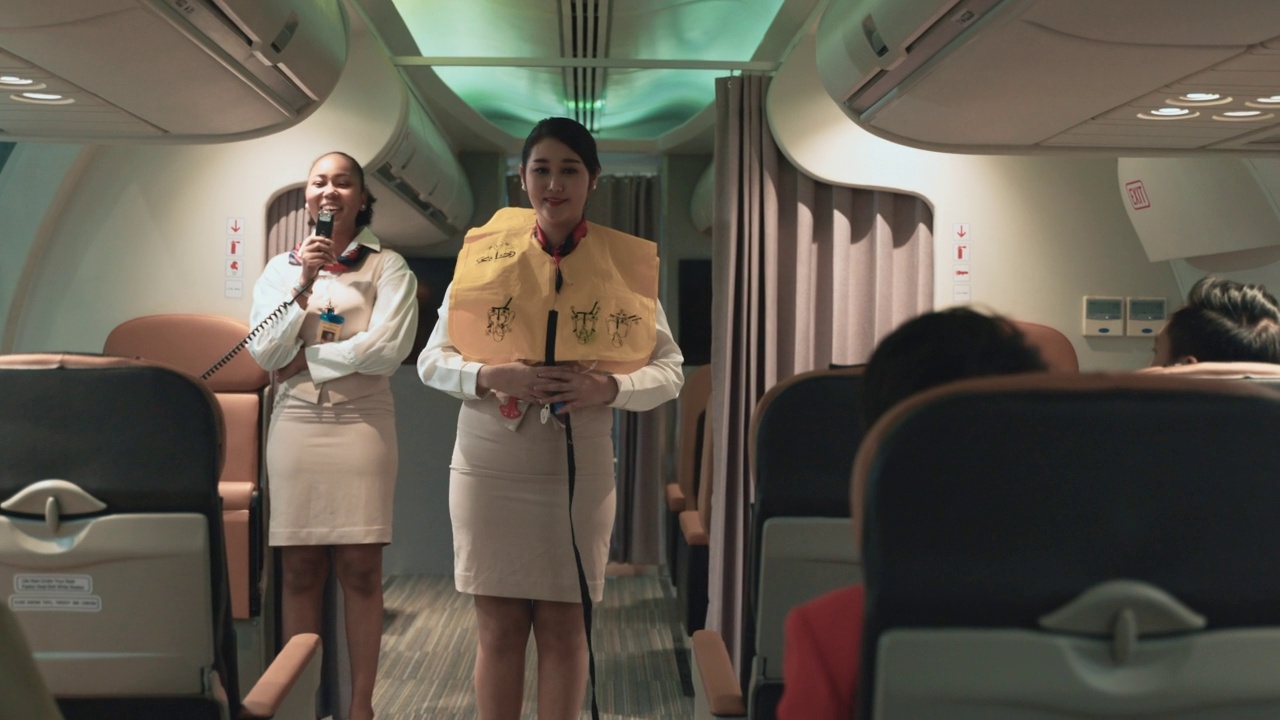 在飞机起飞前，两名身穿制服的女乘务员站着讲解并示范如何在机舱内使用救生衣以防止事故发生。视频下载