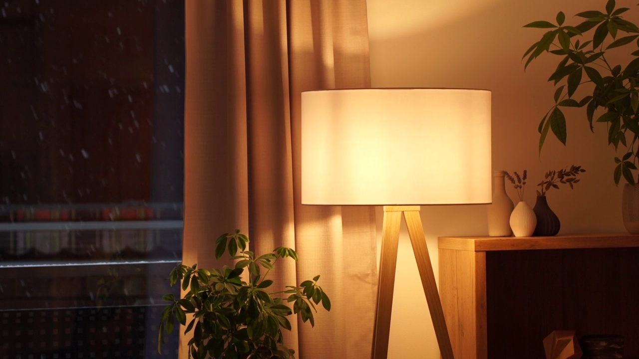 三脚架灯在一个舒适的客厅花温暖的光视频素材
