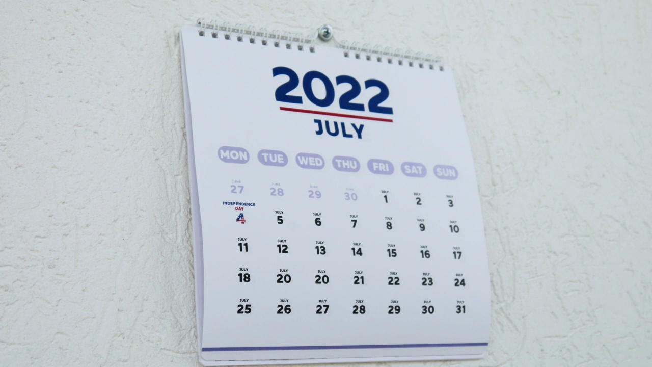 特写:男性的手撕下墙上的2022年日历页，然后是标有独立日日期的7月页面视频素材