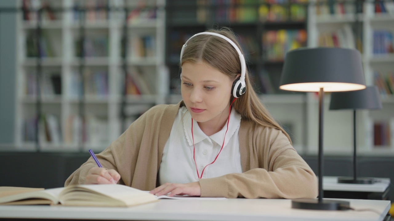 一个戴着耳机做作业听音乐的女生视频下载