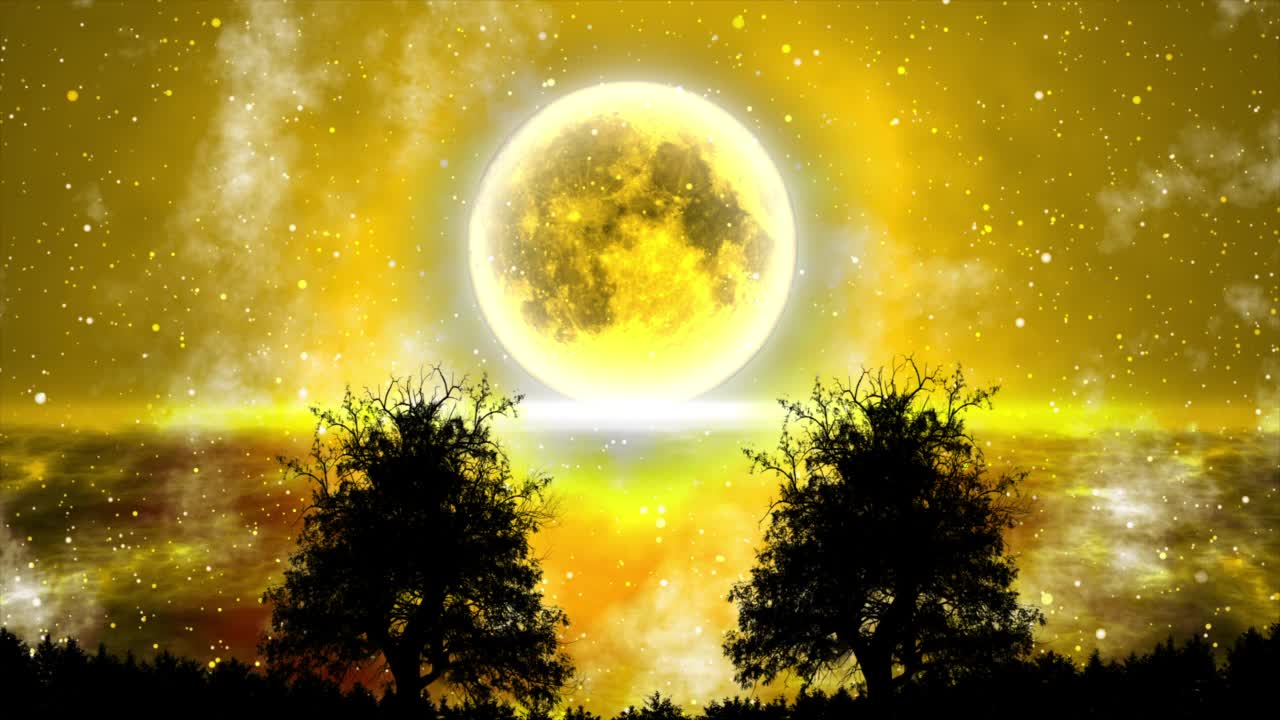 幻想之夜，满月背景上的两棵树的剪影视频素材
