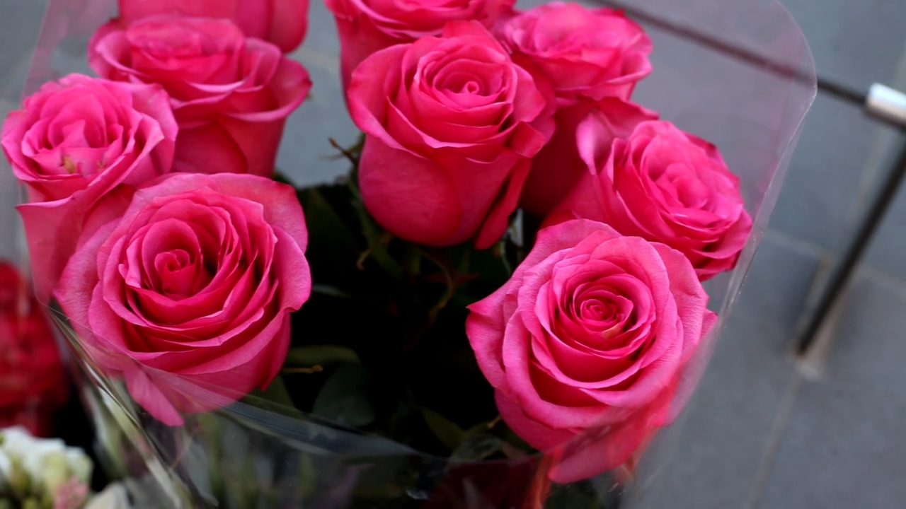 粉红玫瑰花束的特写。视频素材
