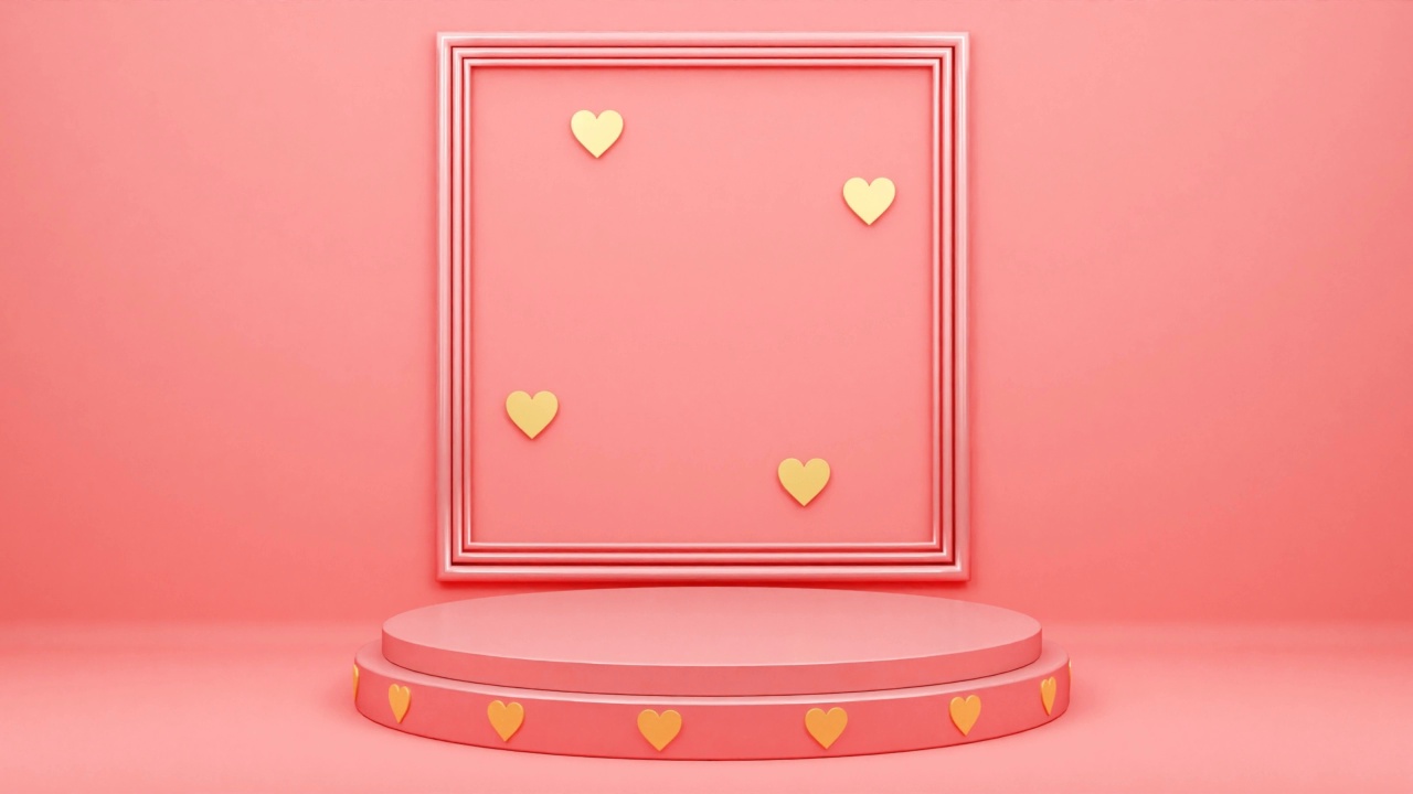 粉色领奖台上有心形图案和方形戒指。情人节,视频下载