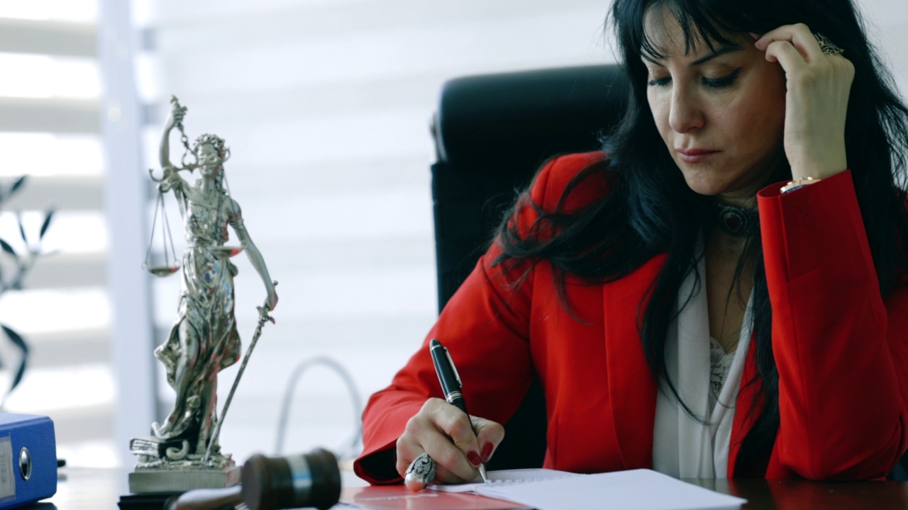 在办公室工作的漂亮女律师。正义雕像在桌子上视频下载