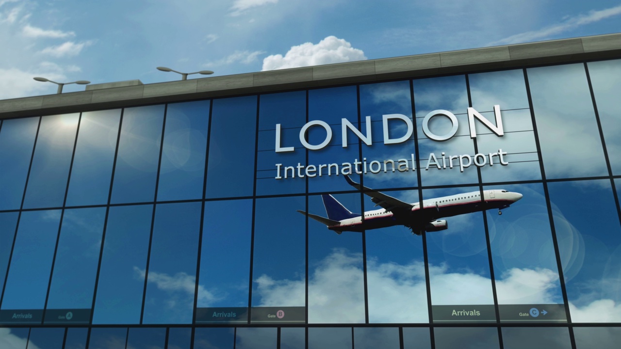 飞机降落在英国伦敦机场的终点站视频素材