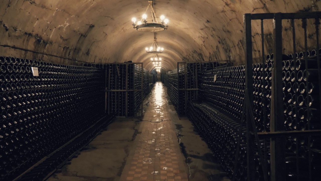 地下酒窖，用于玻璃瓶葡萄酒的储存和成熟。酿酒的概念视频素材