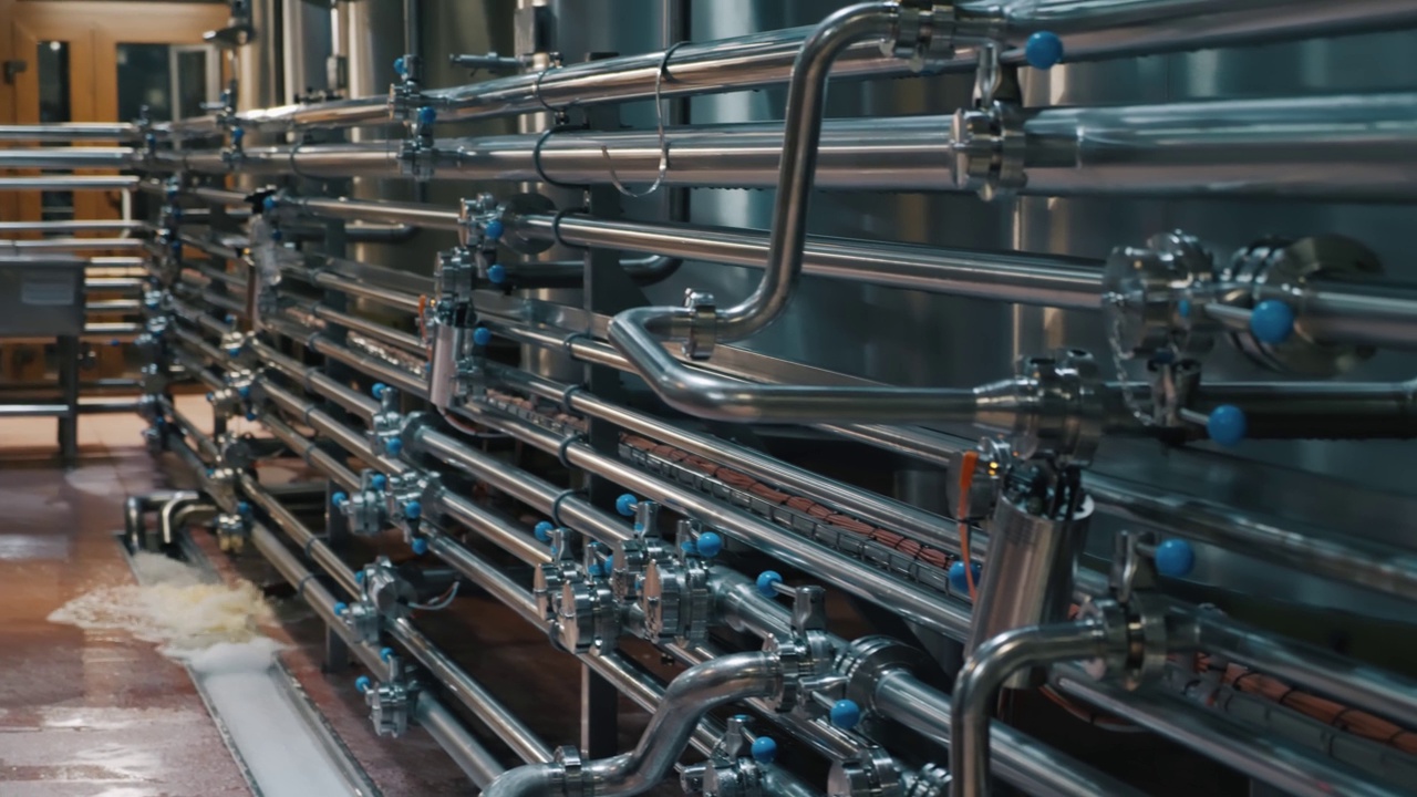 食品饮料加工厂钢管系统。啤酒厂管道视频素材