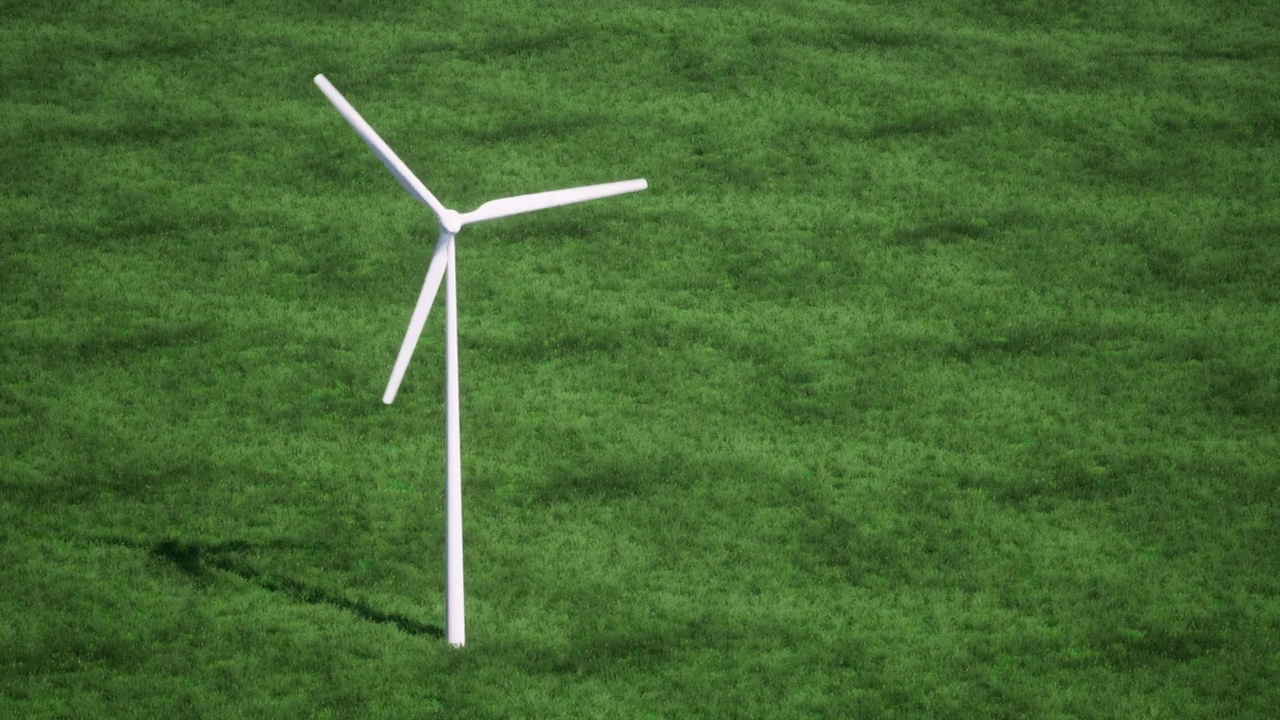 3d风电场，背景是绿色的田野。可再生能源发电。环境保护的概念。逼真的3d动画风力涡轮机视频素材