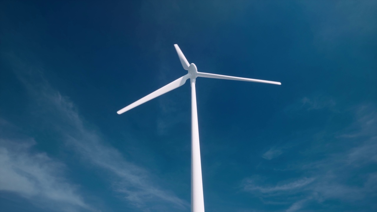以蓝天为背景的3d风电场。可再生能源发电。环境保护的概念。逼真的3d动画风力涡轮机视频素材