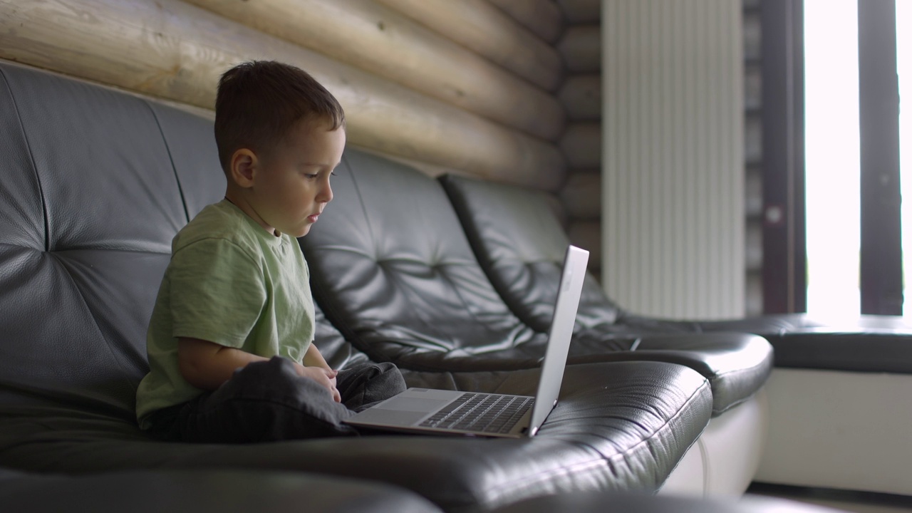 可爱的小男孩在白天坐在沙发上学习在笔记本电脑键盘上打字视频素材