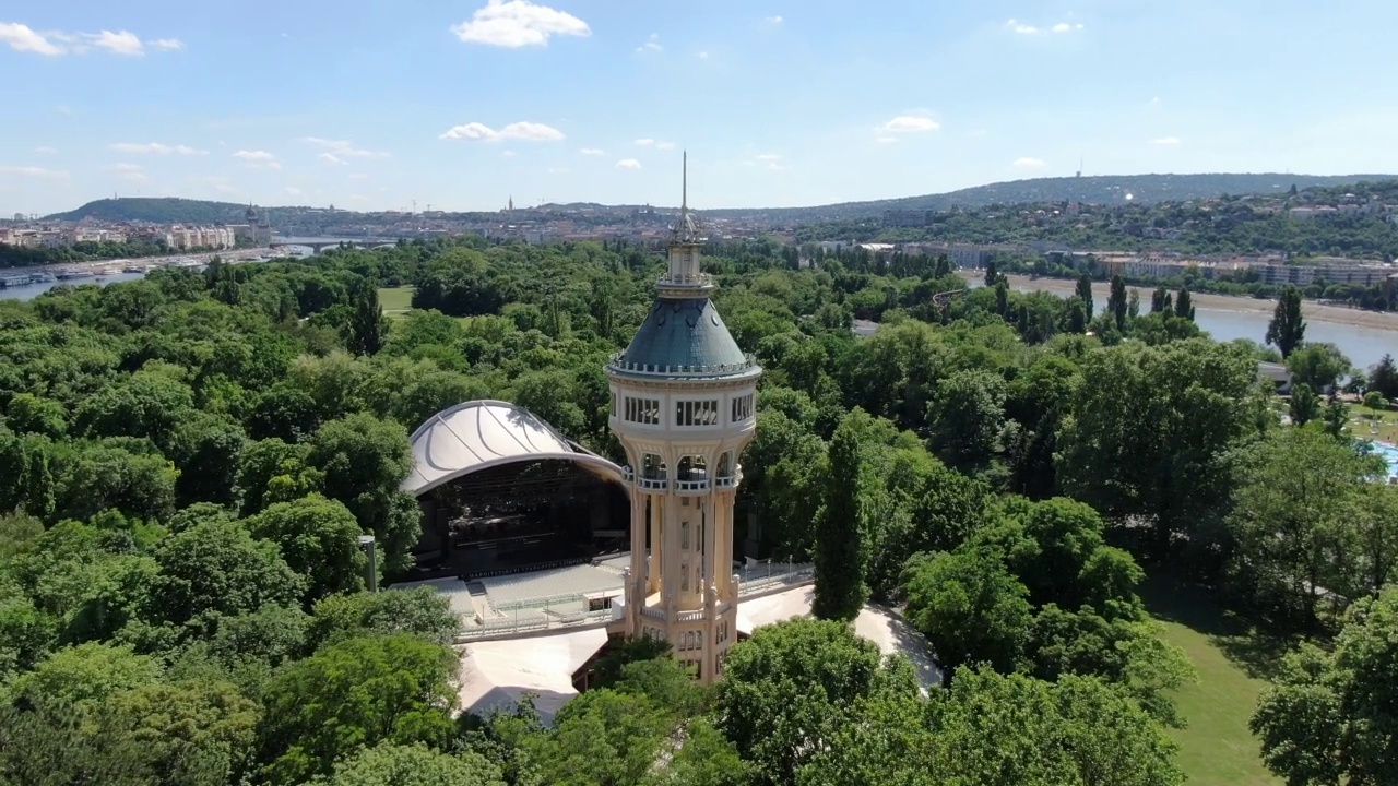 匈牙利布达佩斯，玛格丽特岛(Margitsziget)水塔鸟瞰图视频素材