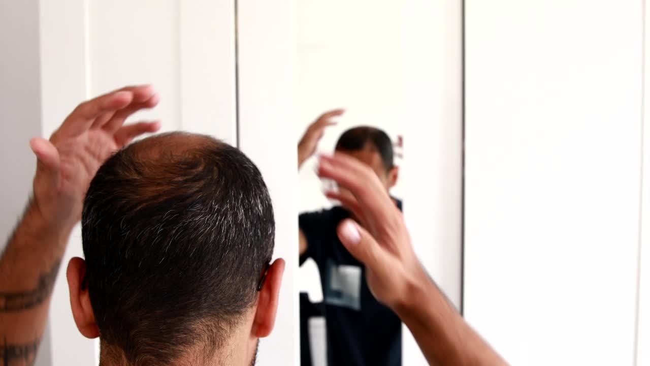 秃头男子照镜子看秃头和脱发视频素材