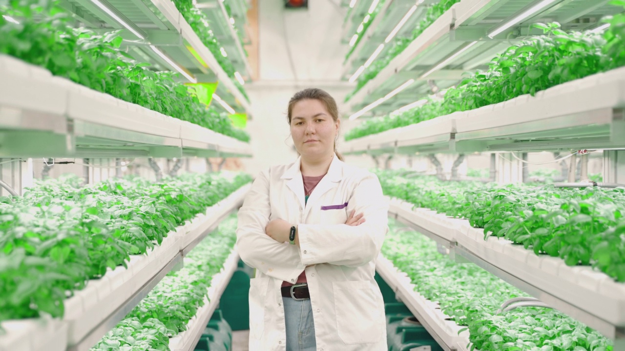 年轻的亚洲女人站在科技城农场的温室里的肖像视频素材