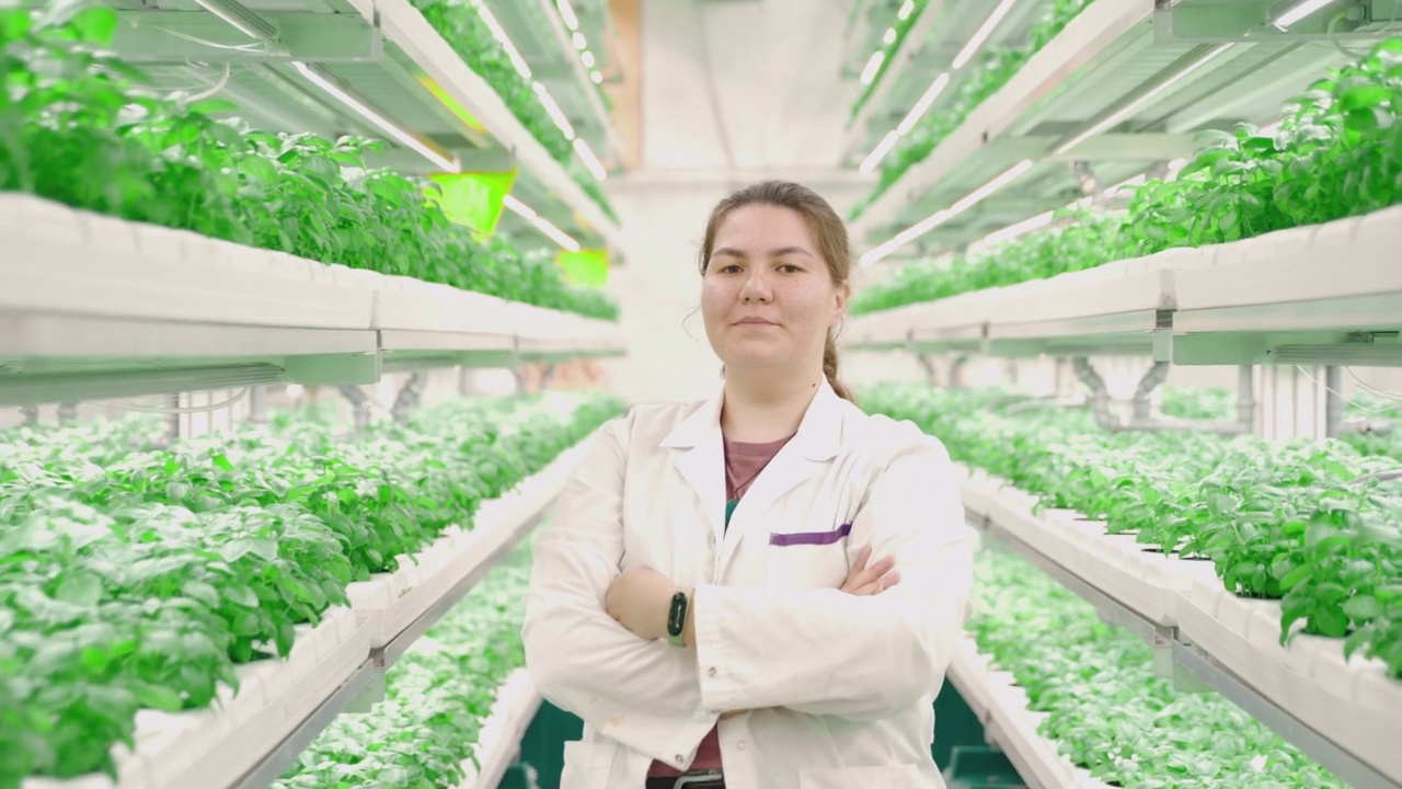 年轻的亚洲女人站在科技城农场的温室里的肖像视频素材