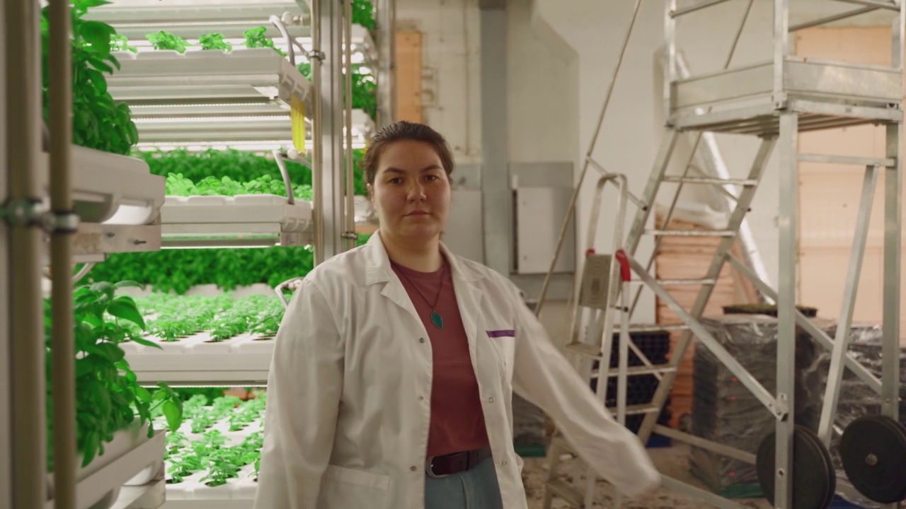 一名年轻女子在科技城农场的温室里检查种子视频素材