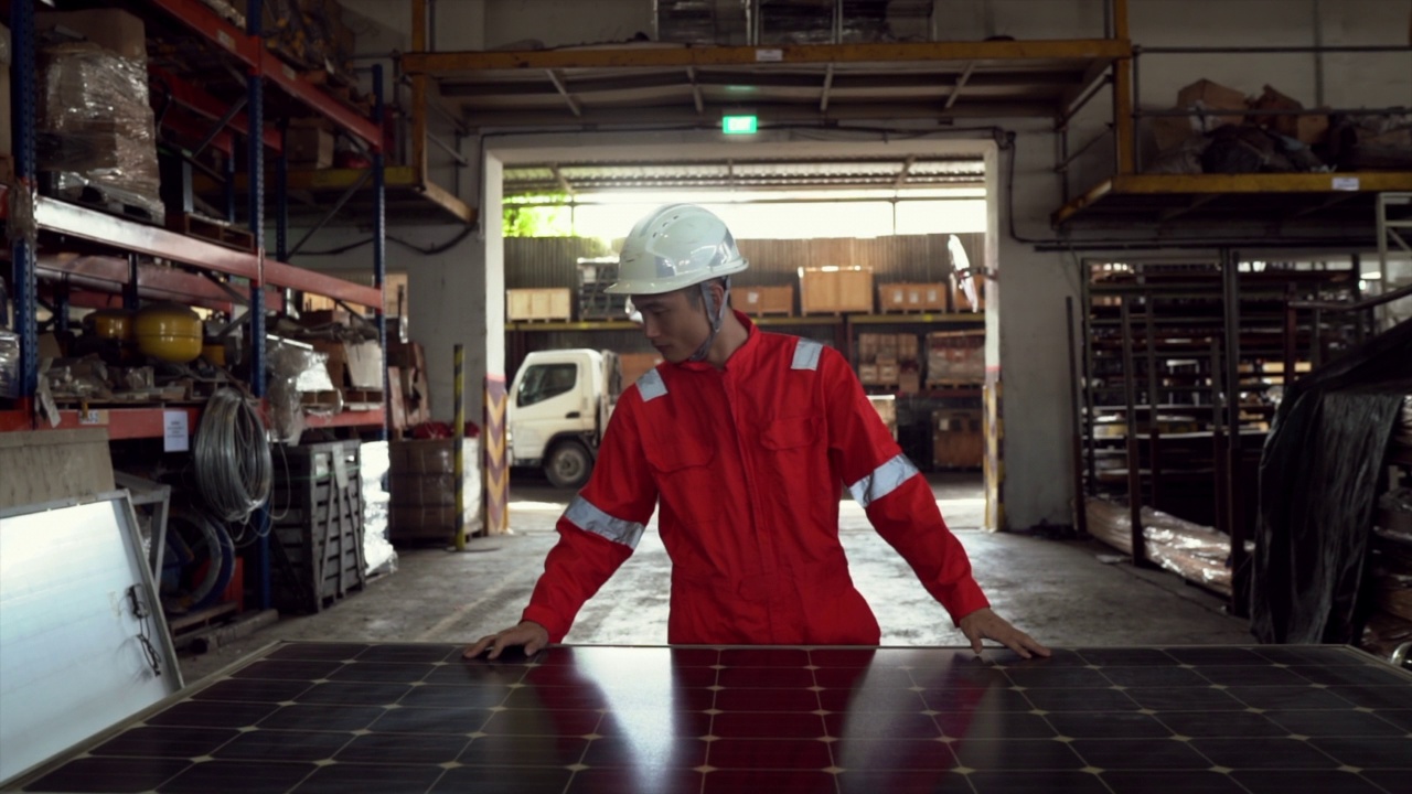 太阳能-肖像自信的亚洲工人站在一个太阳能电池板视频素材