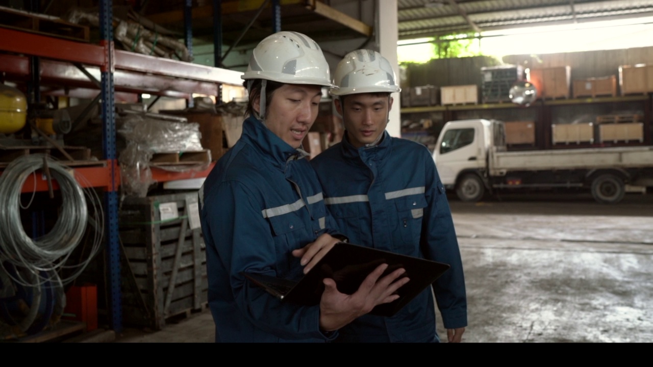 金属工业——两个亚洲同事用技术检查总库存视频素材