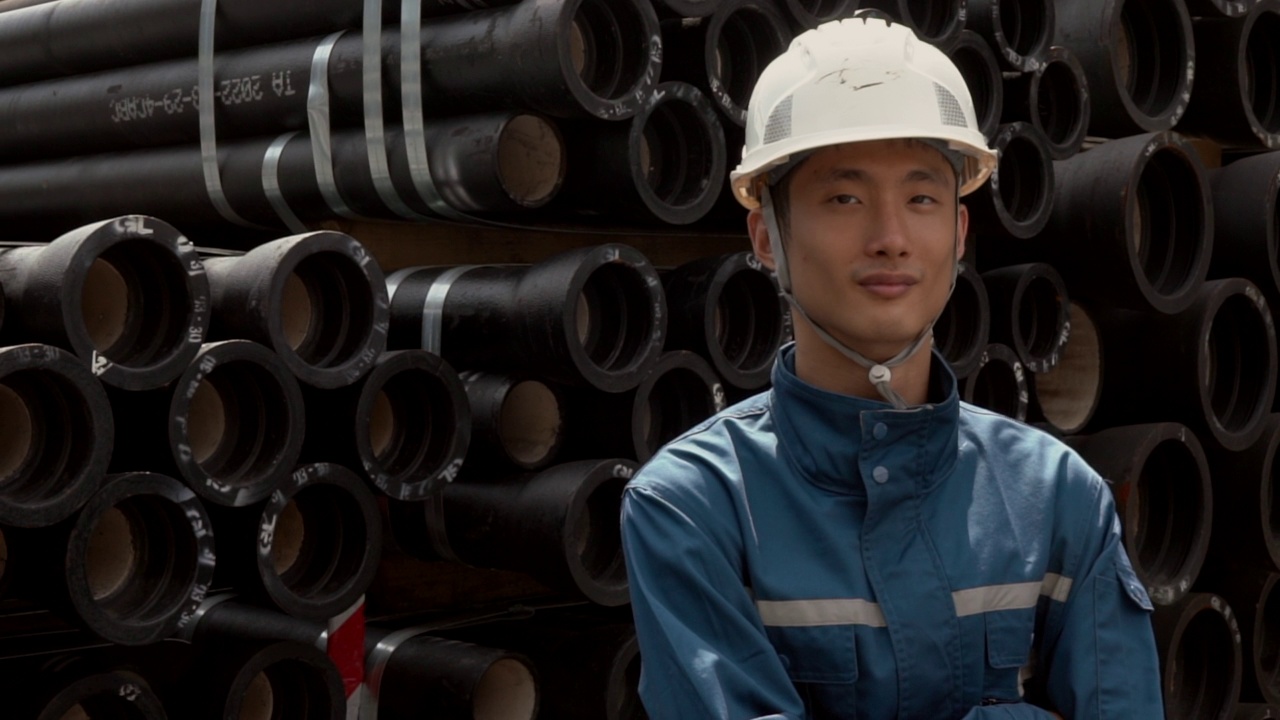 金属工业-一名戴着安全帽的工人站在一个充满球墨铸铁管和零件的开放式仓库前的视频肖像视频素材