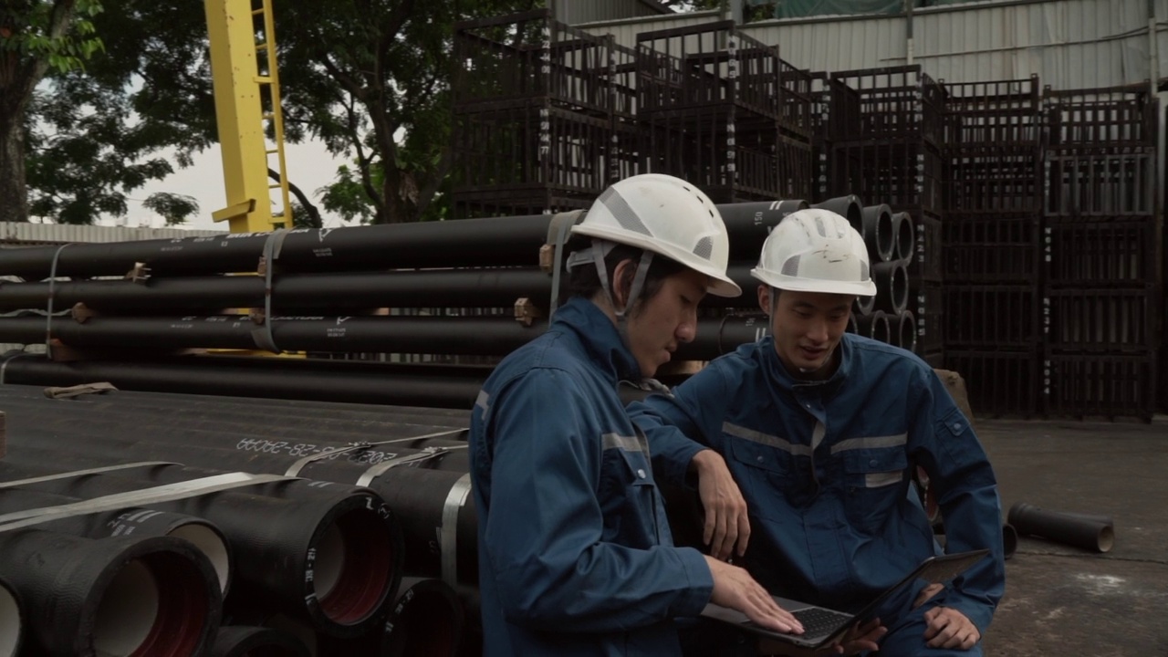 金属工业-两个亚洲同事聊天和检查一般球墨铸铁管库存与技术视频素材